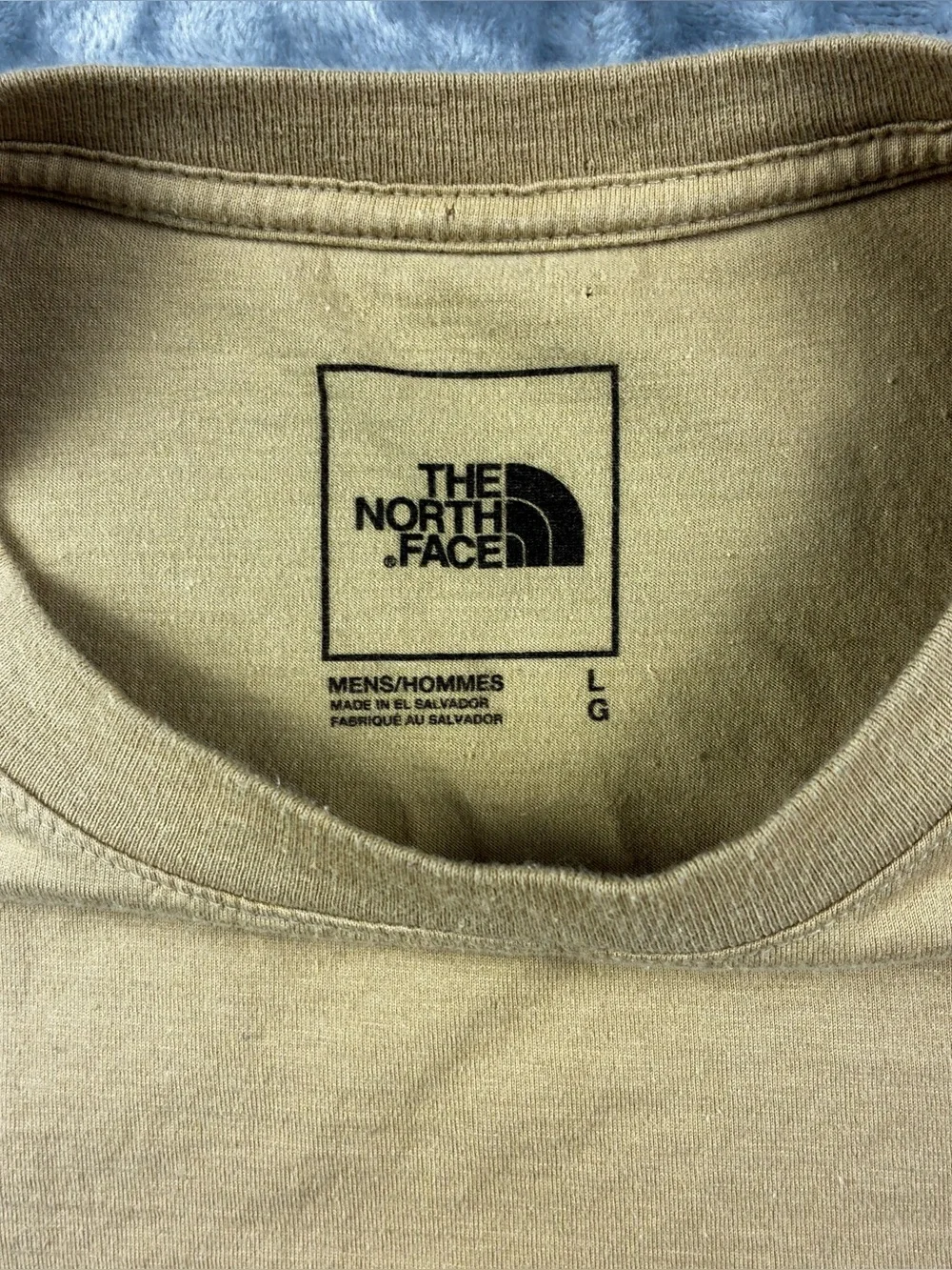 North Face Never Stop Exploring T-Shirt Size Large Tan Double Sided 100% Cotton